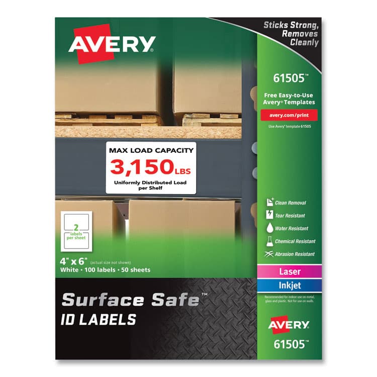 AVERY PRODUCTS CORPORATION Surface Safe ID Labels, 4 x 6, White, 2/Sheet, 50 Sheets/Box (AVE61505)