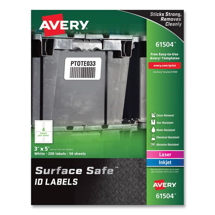 AVERY PRODUCTS CORPORATION Surface Safe ID Labels, 3 x 5, White, 4/Sheet, 50 Sheets/Box (AVE61504)