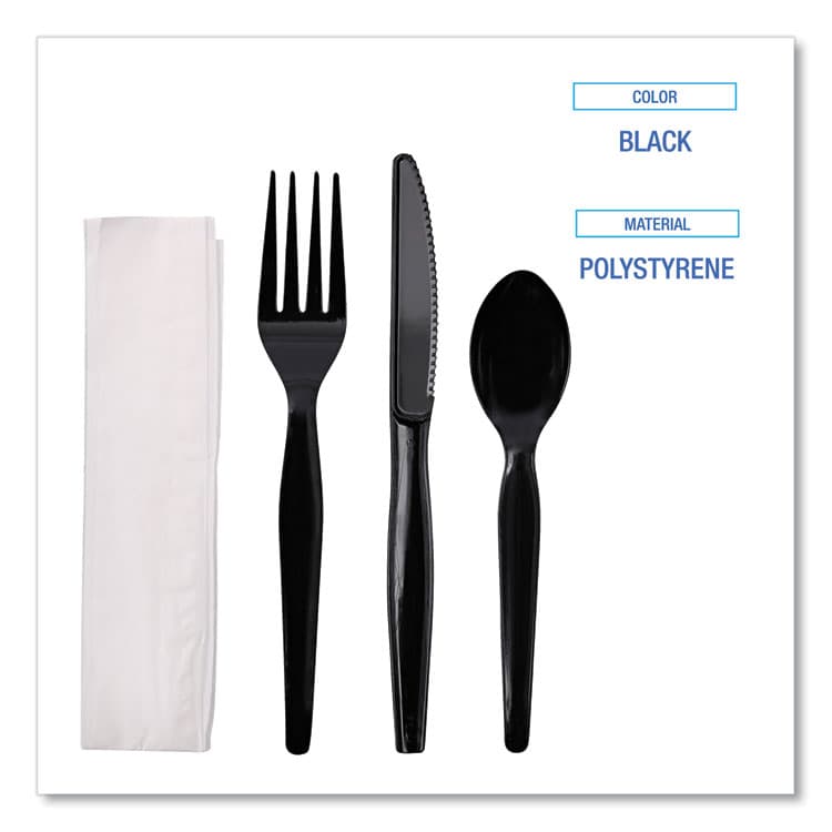 BOARDWALK Four-Piece Cutlery Kit, Heavyweight, Fork/Knife/Napkin/Spoon, Plastic, Black, 250/Carton (BWKFKTNHWPSBLA) thumbnail 3