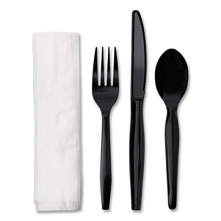 BOARDWALK Four-Piece Cutlery Kit, Mediumweight, Fork/Knife/Napkin/Spoon, Plastic, Black, 250/Carton (BWKFKTNMWPSBLA) thumbnail 2