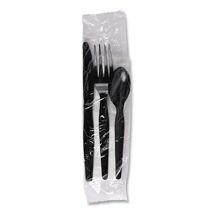 BOARDWALK Four-Piece Cutlery Kit, Mediumweight, Fork/Knife/Napkin/Spoon, Plastic, Black, 250/Carton (BWKFKTNMWPSBLA) thumbnail 3