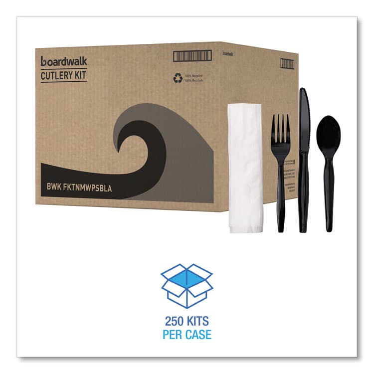 BOARDWALK Four-Piece Cutlery Kit, Mediumweight, Fork/Knife/Napkin/Spoon, Plastic, Black, 250/Carton (BWKFKTNMWPSBLA) thumbnail 4
