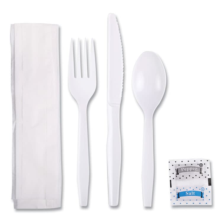 BOARDWALK Six-Piece Cutlery Kit, Mediumweight, Fork/Knife/Napkin/Pepper/Salt/Spoon, Plastic, White, 250/Carton (BWKFKTNSMWPSWH) thumbnail 2