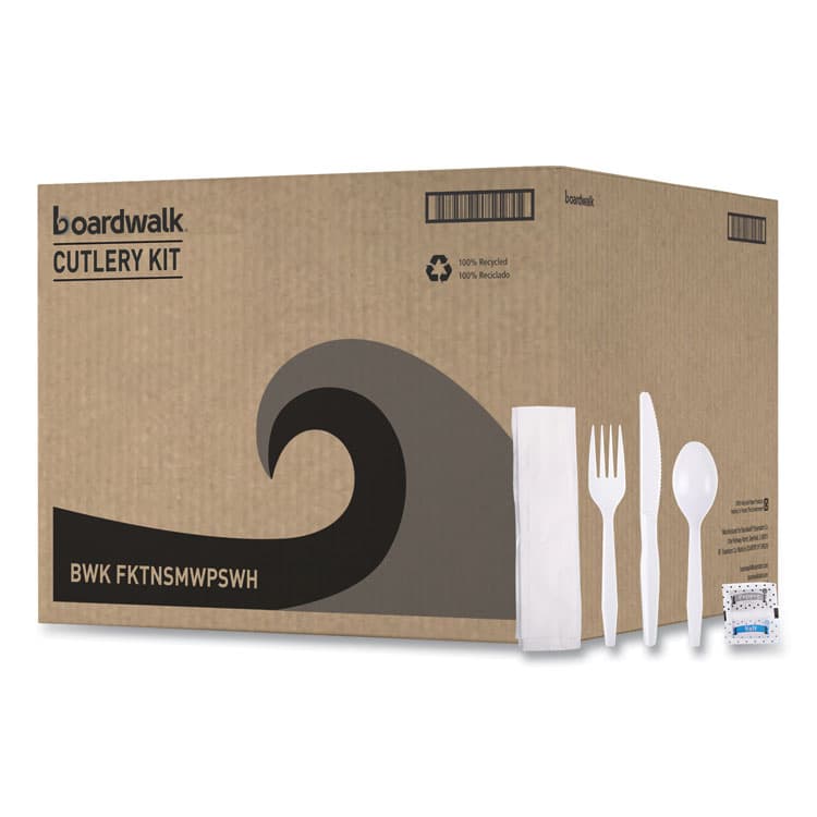 BOARDWALK Six-Piece Cutlery Kit, Mediumweight, Fork/Knife/Napkin/Pepper/Salt/Spoon, Plastic, White, 250/Carton (BWKFKTNSMWPSWH)