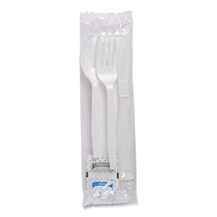 BOARDWALK Six-Piece Cutlery Kit, Mediumweight, Fork/Knife/Napkin/Pepper/Salt/Spoon, Plastic, White, 250/Carton (BWKFKTNSMWPSWH) thumbnail 3