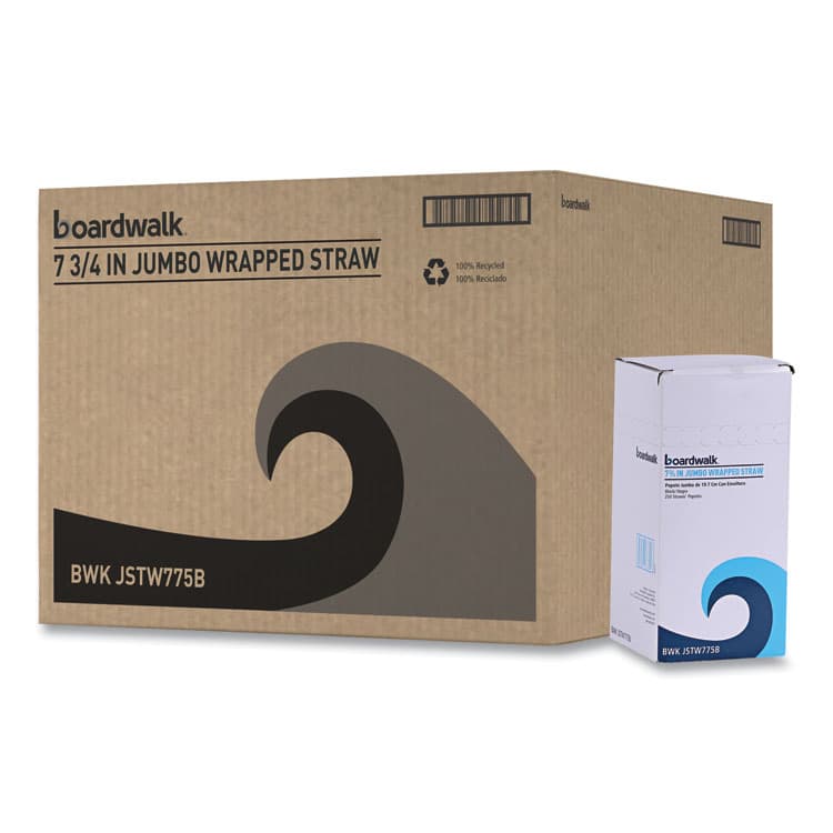 BOARDWALK Wrapped Jumbo Straws, 7.75", Polypropylene, Black, 250/Pack, 50 Packs/Carton (BWKJSTW775B) thumbnail 2