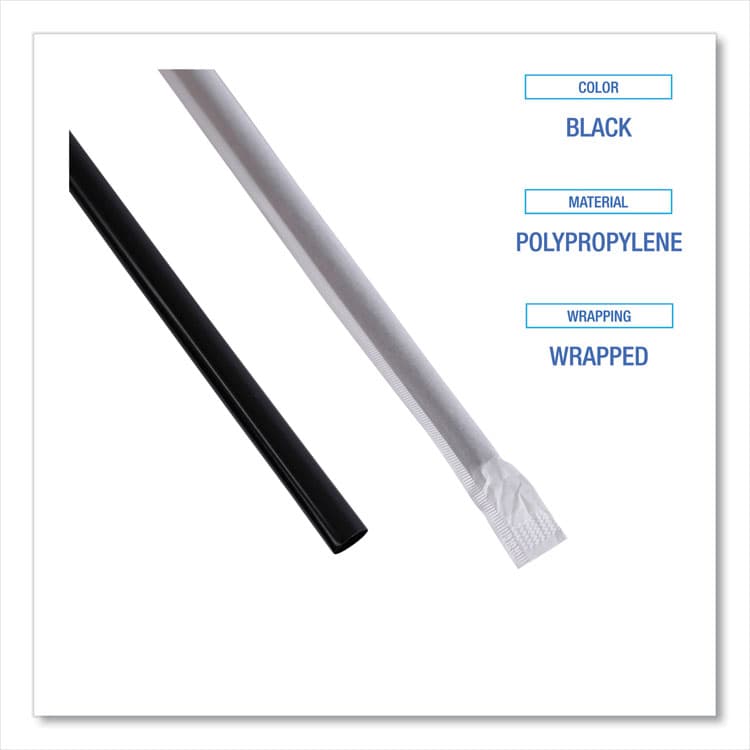 BOARDWALK Wrapped Jumbo Straws, 7.75", Polypropylene, Black, 250/Pack, 50 Packs/Carton (BWKJSTW775B) thumbnail 4