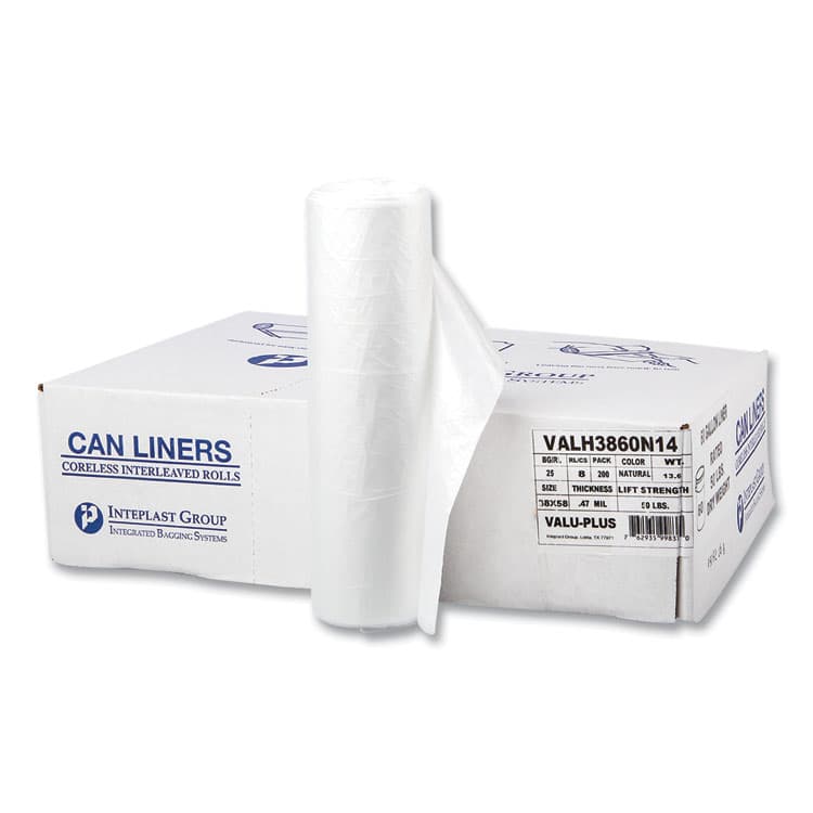 INTEGRATED BAGGING SYSTEMS High-Density Commercial Can Liner Value Pack, 60 gal, 12 mic, 38" x 58", Clear, Interleaved Roll, 25 Bags/Roll, 8 Rolls/CT (IBSVALH3860N14)