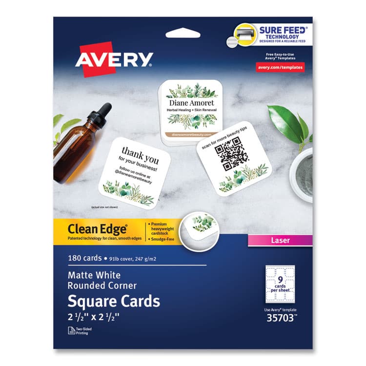 AVERY PRODUCTS CORPORATION Square Clean Edge Cards with Sure Feed Technology, Laser, 2.5 x 2.5, White, 9 Cards/Sheet, 20 Sheets/Pack (AVE35703)