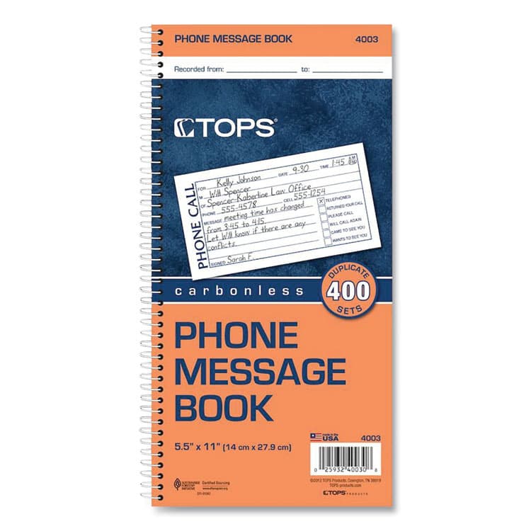 TOPS BUSINESS FORMS Spiralbound Message Book, Two-Part Carbonless, 5 x 2.75, 4 Forms/Sheet, 400 Forms Total (TOP4003)