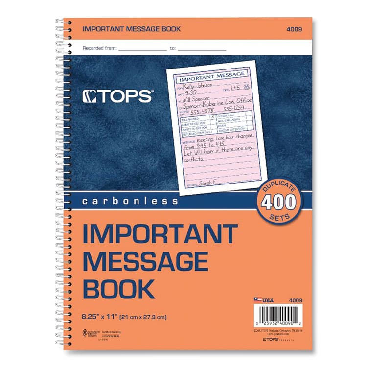 TOPS BUSINESS FORMS Telephone Message Book with Fax/Mobile Section, Two-Part Carbonless, 3.88 x 5.5, 4 Forms/Sheet, 400 Forms Total (TOP4009)