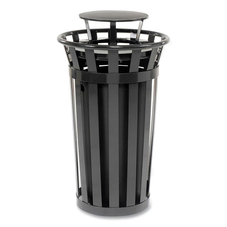 GLOBAL INDUSTRIAL Outdoor Slatted Steel Trash Can, Rain Bonnet Lid, 24 gal, Black (GBE260803BK)