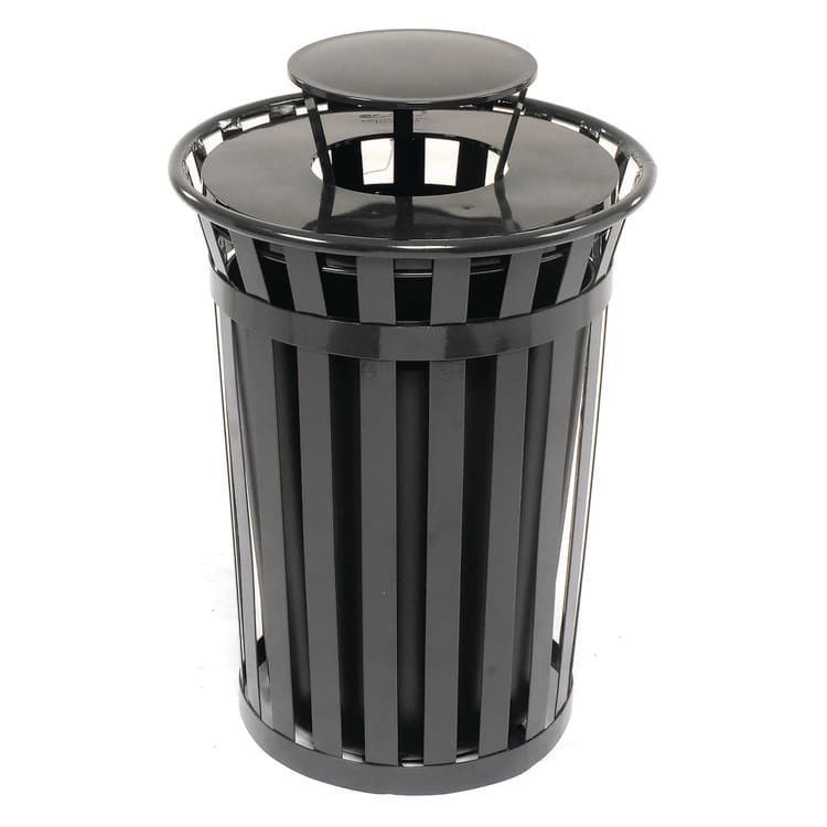 GLOBAL INDUSTRIAL Outdoor Slatted Steel Trash Can, Rain Bonnet Lid, 36 gal, Black (GBE260804BK) thumbnail 4