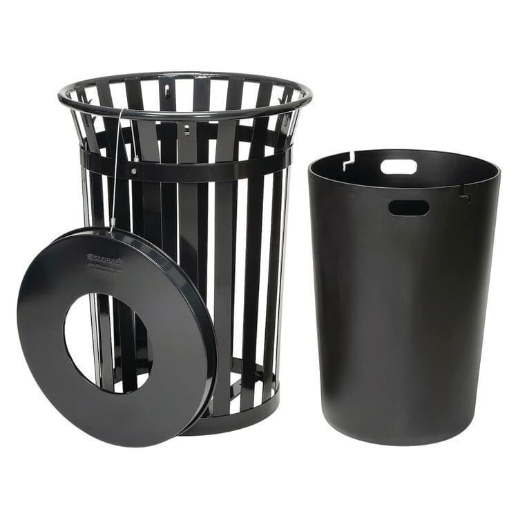 GLOBAL INDUSTRIAL Outdoor Slatted Steel Trash Can, 36 gal, Black (GBE237726BK) thumbnail 2