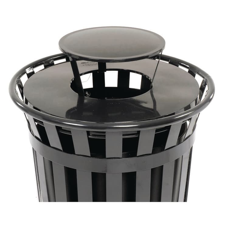 GLOBAL INDUSTRIAL Outdoor Slatted Steel Trash Can, Rain Bonnet Lid, 36 gal, Black (GBE260804BK) thumbnail 2