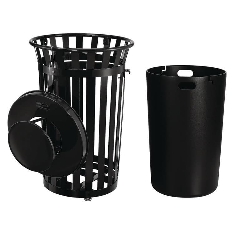 GLOBAL INDUSTRIAL Outdoor Slatted Steel Trash Can, With Access Door and Rain Bonnet Lid, 36 gal, Black (GBE261941BK) thumbnail 3