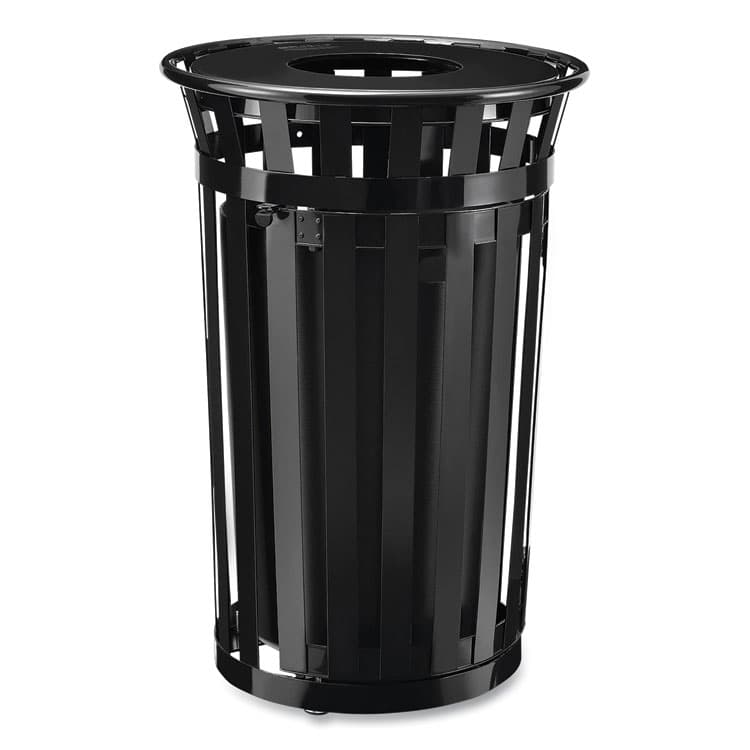 GLOBAL INDUSTRIAL Outdoor Slatted Steel Trash Can, With Access Door, 36 gal, Steel Black (GBE261940BK)