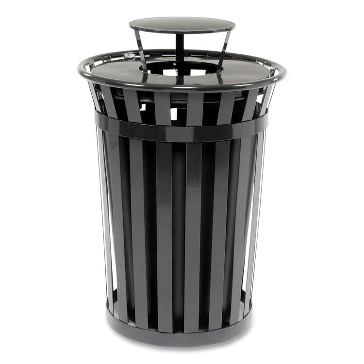 GLOBAL INDUSTRIAL Outdoor Slatted Steel Trash Can, Rain Bonnet Lid, 36 gal, Black (GBE260804BK)