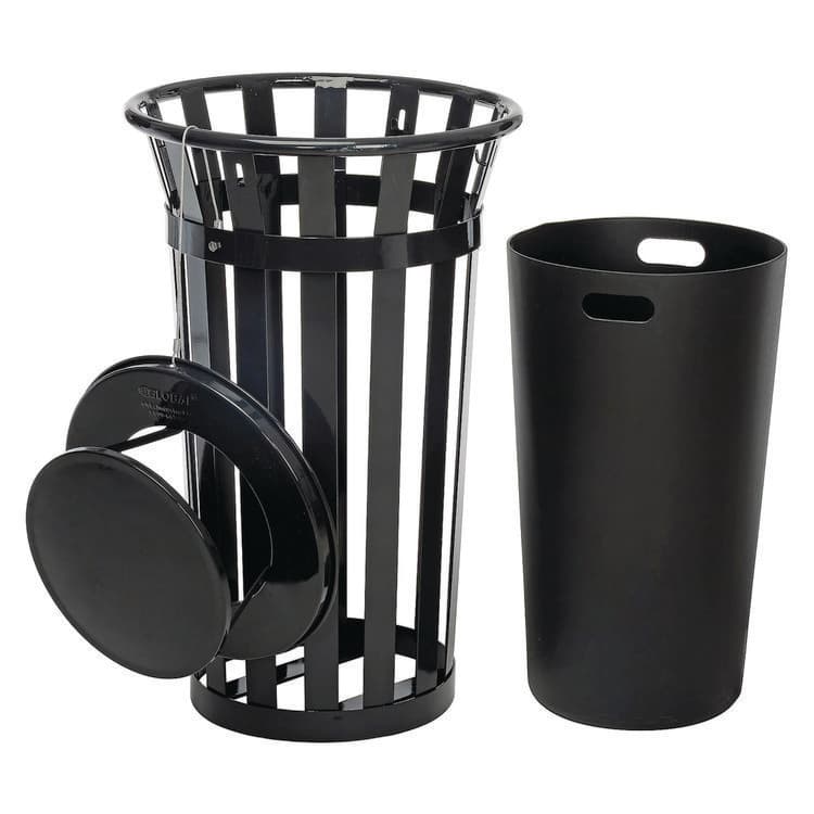 GLOBAL INDUSTRIAL Outdoor Slatted Steel Trash Can, Rain Bonnet Lid, 24 gal, Black (GBE260803BK) thumbnail 3