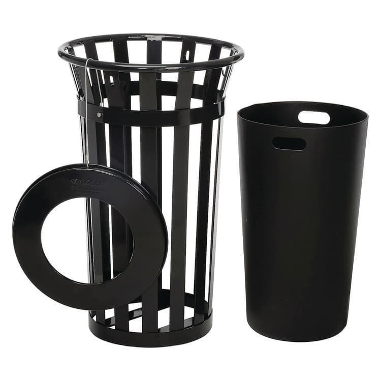 GLOBAL INDUSTRIAL Outdoor Slatted Steel Trash Can, 24 gal, Black (GBE237725BK) thumbnail 2