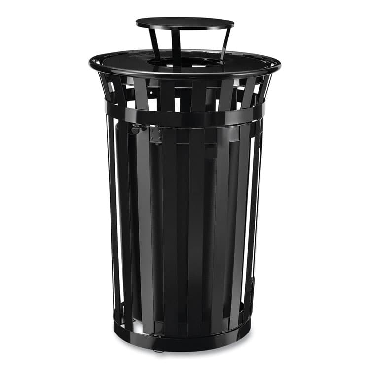 GLOBAL INDUSTRIAL Outdoor Slatted Steel Trash Can, With Access Door and Rain Bonnet Lid, 36 gal, Black (GBE261941BK)