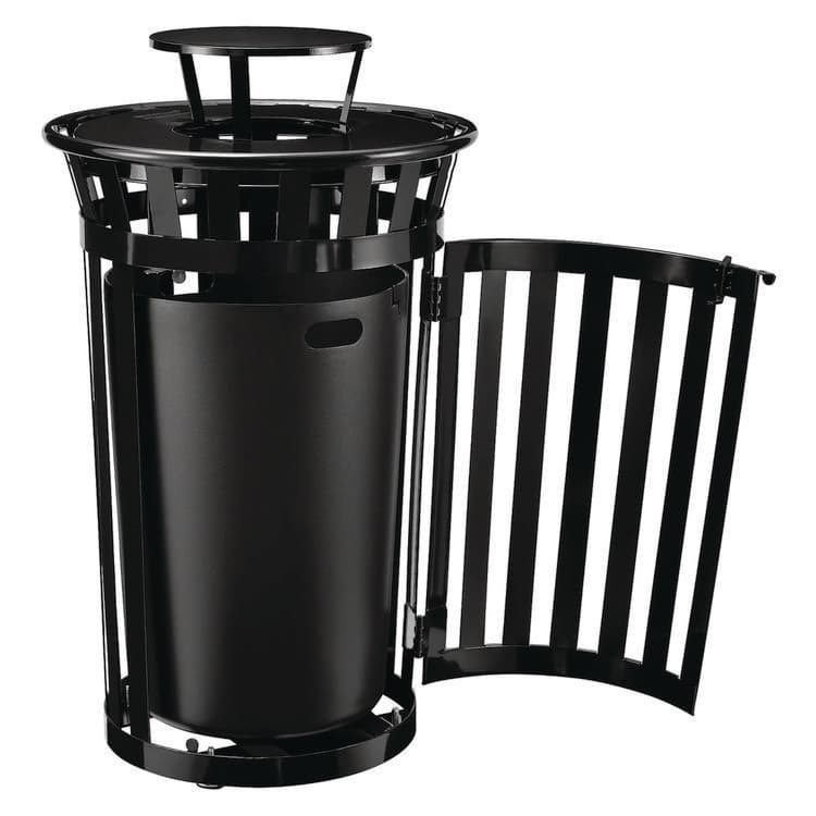 GLOBAL INDUSTRIAL Outdoor Slatted Steel Trash Can, With Access Door and Rain Bonnet Lid, 36 gal, Black (GBE261941BK) thumbnail 2