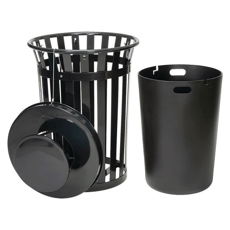 GLOBAL INDUSTRIAL Outdoor Slatted Steel Trash Can, Rain Bonnet Lid, 36 gal, Black (GBE260804BK) thumbnail 3