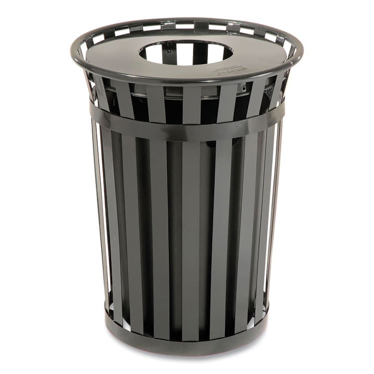 GLOBAL INDUSTRIAL Outdoor Slatted Steel Trash Can, 36 gal, Black (GBE237726BK)