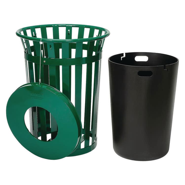 GLOBAL INDUSTRIAL Outdoor Slatted Steel Trash Can, 36 gal, Green (GBE237726GN) thumbnail 2