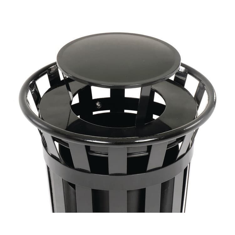 GLOBAL INDUSTRIAL Outdoor Slatted Steel Trash Can, Rain Bonnet Lid, 24 gal, Black (GBE260803BK) thumbnail 2