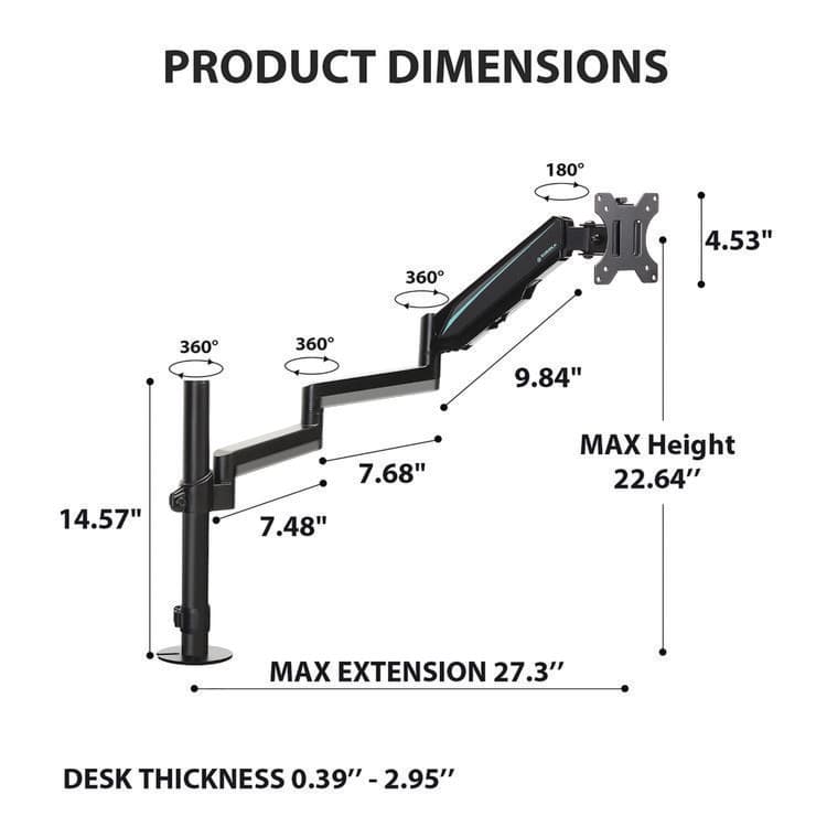 EUREKA ERGONOMIC Single Monitor Arm, For 32" Monitors, 90 deg Rotation, 35 deg Tilt, 360 deg Pan, Black, Supports 17.6 lbs (EKAMA0212P) thumbnail 4