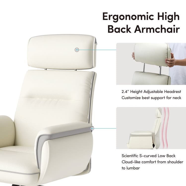 EUREKA ERGONOMIC Royal Executive Office Chair, Support up to 300 lb, 19.46"-22.26" Seat Height, White PU Leather Seat, White Faux Leather Back (EKAOC003OW) thumbnail 2