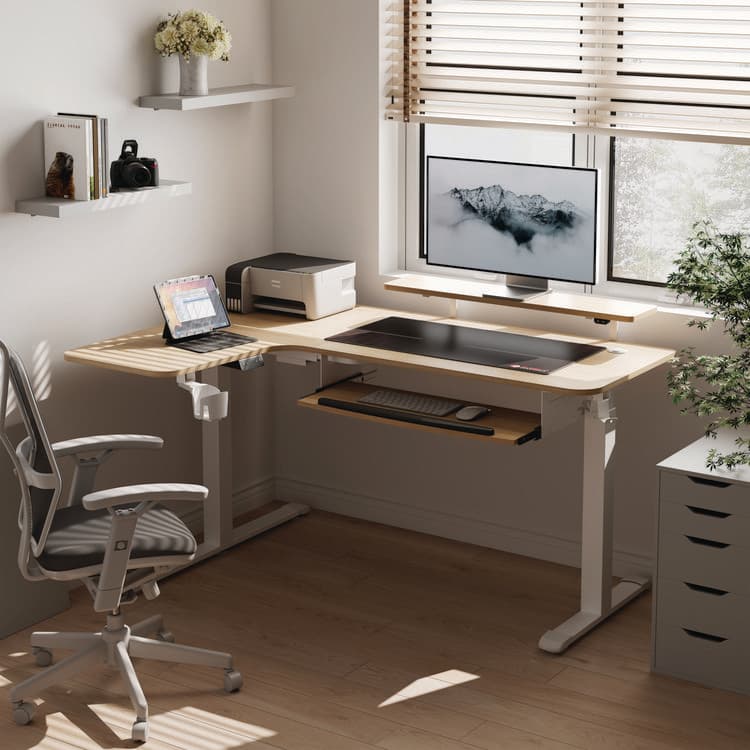 EUREKA ERGONOMIC L-Shaped Standing Desk with Keyboard Tray, Left Desk, 61.25" x 43.25" x 34.38" to 52.88", Maple White/White (EKAL60LMW) thumbnail 2