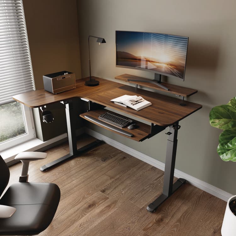 EUREKA ERGONOMIC L-Shaped Standing Desk with Keyboard Tray, Left Desk, 61.25" x 43.25" x 34.38" to 52.88", Walnut/Black (EKAL60LWN) thumbnail 2