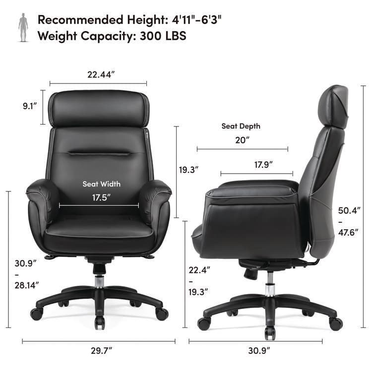EUREKA ERGONOMIC Royal Executive Office Chair, Support up to 300 lb, 19.46"-22.26" Seat Height, Black PU Leather Seat, Black Faux Leather Back (EKAOC003B) thumbnail 4