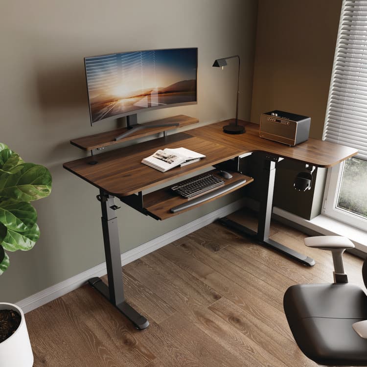 EUREKA ERGONOMIC L-Shaped Standing Desk with Keyboard Tray, Right Desk, 61.25" x 43.25" x 34.38" to 52.88", Walnut/Black (EKAL60RWN) thumbnail 4