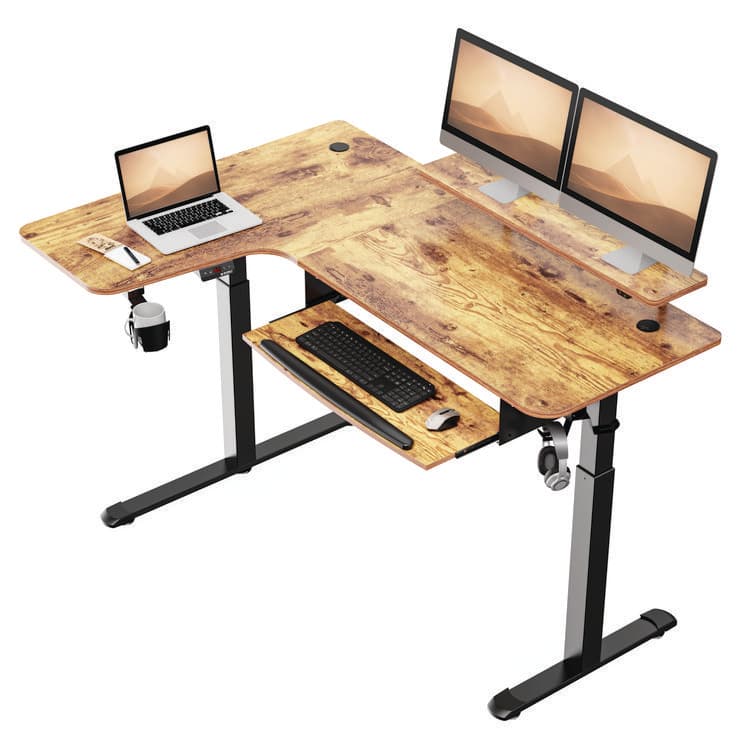 EUREKA ERGONOMIC L-Shaped Standing Desk with Keyboard Tray, Right Desk, 61.25" x 43.25" x 34.38" to 52.88", Rustic Brown/Black (EKAL61LRB) thumbnail 2
