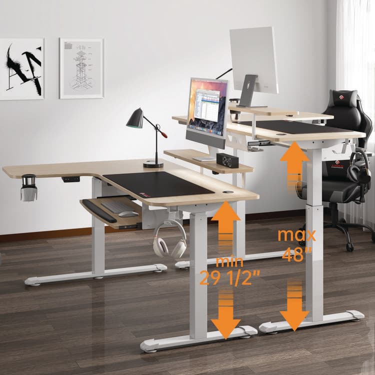 EUREKA ERGONOMIC L-Shaped Standing Desk with Keyboard Tray, Right Desk, 61.25" x 43.25" x 34.38" to 52.88", Maple White/White (EKAL60RMW) thumbnail 3