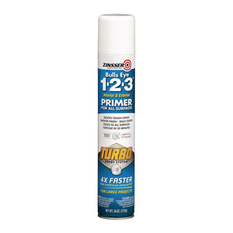 RUST-OLEUM CORPORATION Bulls Eye 1-2-3 Primer Spray, Turbo Spray System, Interior/Exterior, Flat Bright White, 26 oz Aerosol Can, 6/Carton (RST343746)