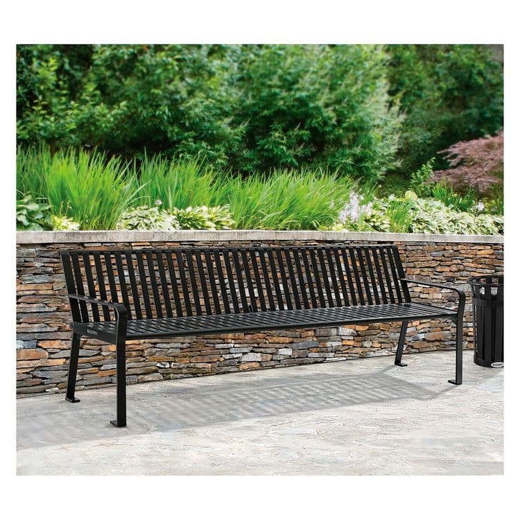 GLOBAL INDUSTRIAL Steel Slat Benches with Back, 96" x 26" x 31", Black Seat/Back, Black Base (GBE694855BKKD) thumbnail 4