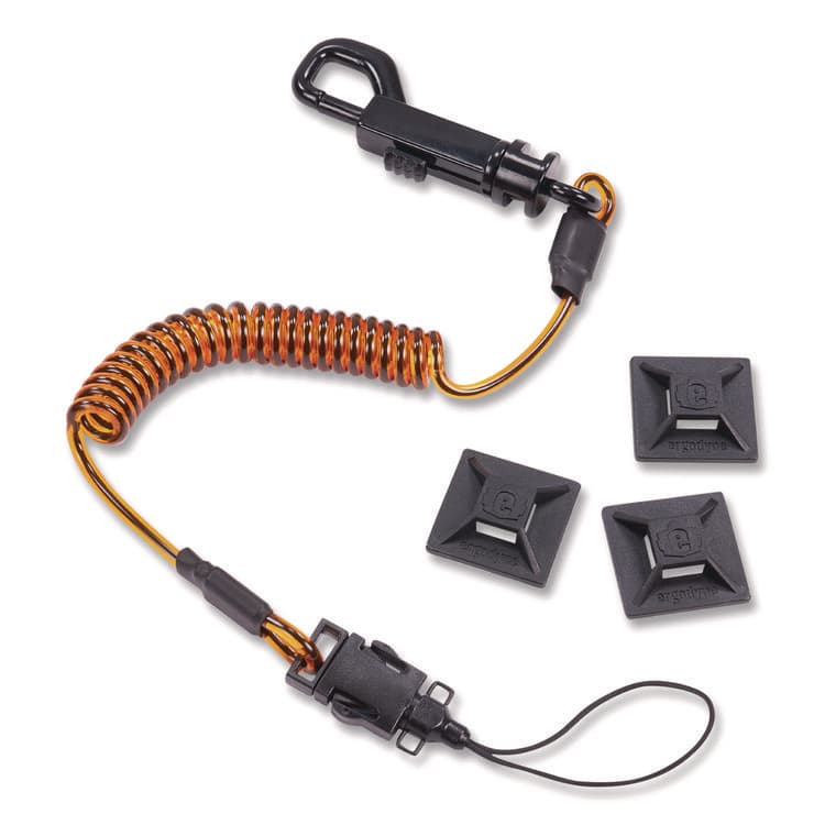 ERGODYNE CORPORATION Squids 3151 Coil Lanyard Swivel Hook/Detachable Loop, Mini Adhesive Mount, 2 lb Max Working Capacity, 12" Long, Black/Orange (EGO19160)