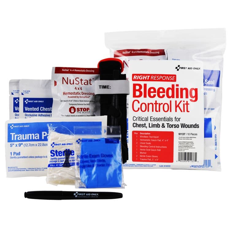 FIRST AID ONLY, . Critical Essentials Bleeding Control Kit for Limb, Chest and Torso Wounds, 11 Pieces, Plastic Bag (FAO91137)