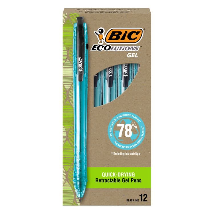 BIC CORP. Ecolutions Gel Pen, Retractable, Medium 1 mm, Black Ink, Blue Barrel, Dozen (BICRGLE11BK)