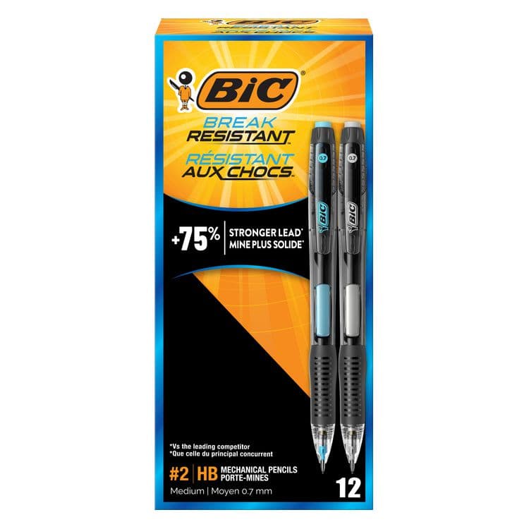 BIC CORP. Break-Resistant Mechanical Pencils with Erasers, 0.7 mm, HB (#2), Black Lead, Assorted Barrel Colors, Dozen (BICMV7PR11)