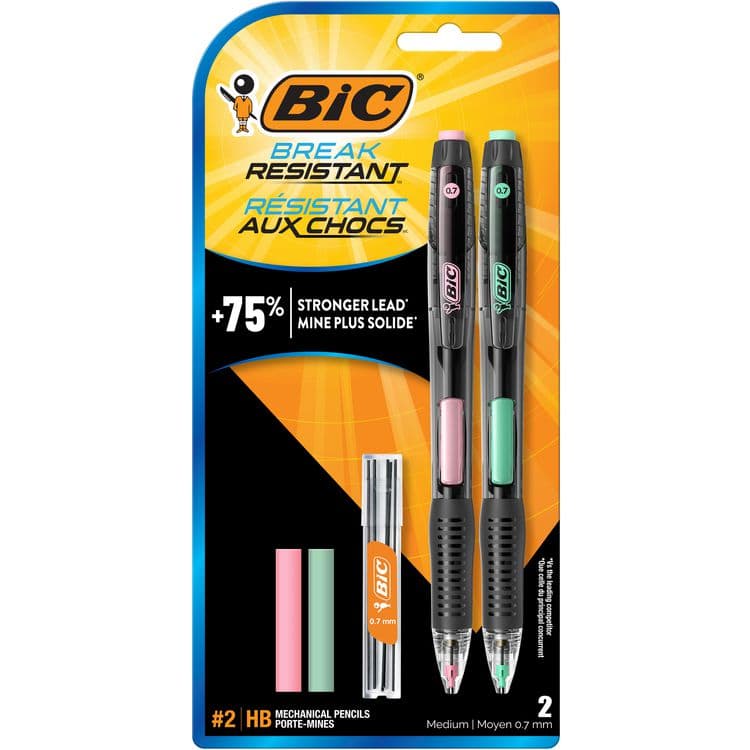 BIC CORP. Break-Resistant Mechanical Pencils with Erasers, 0.7 mm, HB (#2), Black Lead, Green and Pink Barrel Colors, 2/Pack (BICMV7PRP2)