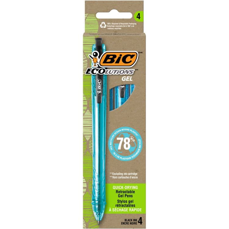 BIC CORP. Ecolutions Gel Pen, Retractable, Medium 1 mm, Black Ink, Blue Barrel, 4/Pack (BICRGLE4BK)