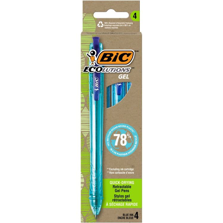 BIC CORP. Ecolutions Gel Pen, Retractable, Medium 1 mm, Blue Ink, Blue Barrel, 4/Pack (BICRGLE4BE)