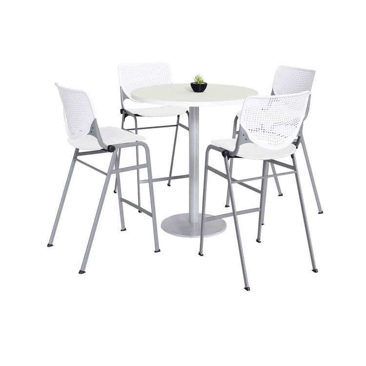 KFI STUDIOS Pedestal Bistro Table with Four White Kool Series Barstools, Round, 36" Dia x 41h, Designer White (KFI811774037075)