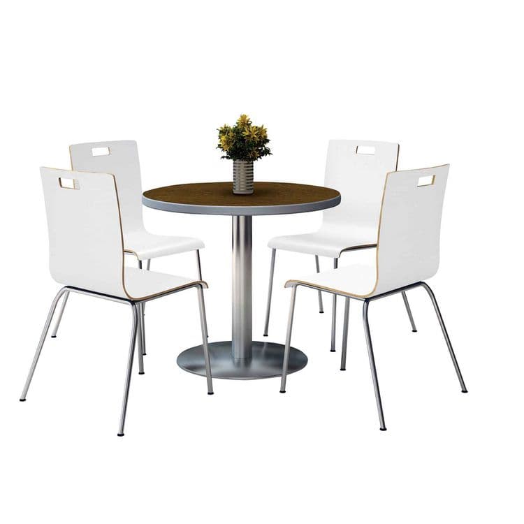 KFI STUDIOS Pedestal Table with Four White Jive Series Chairs, Round, 36" Dia x 29h, Walnut (KFI810389025088)