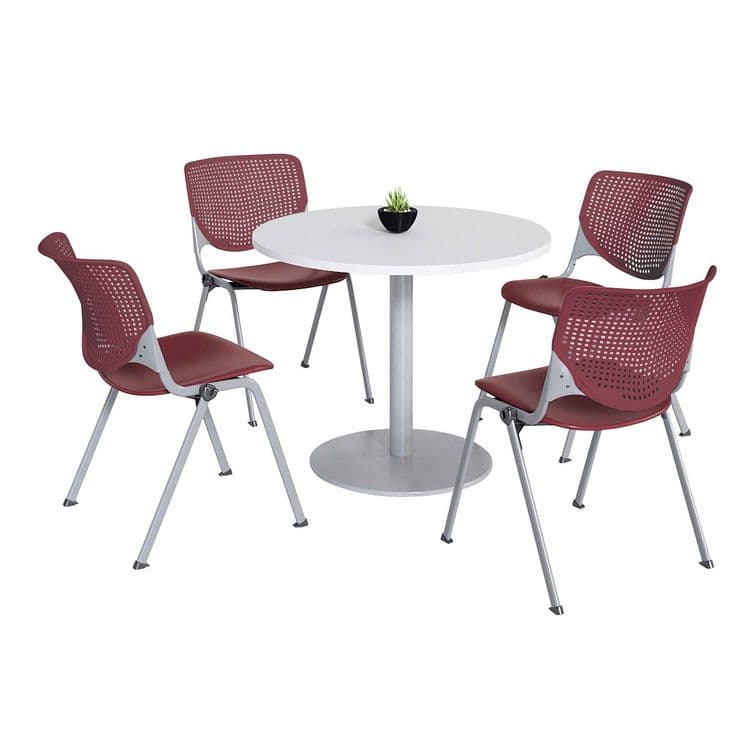 KFI STUDIOS Pedestal Table with Four Burgundy Kool Series Chairs, Round, 36" Dia x 29h, Designer White (KFI811774036672)